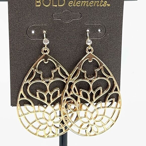 Bold Elements Earrings Gold Filigree Tear Drop Dangle - Picture 4 of 6